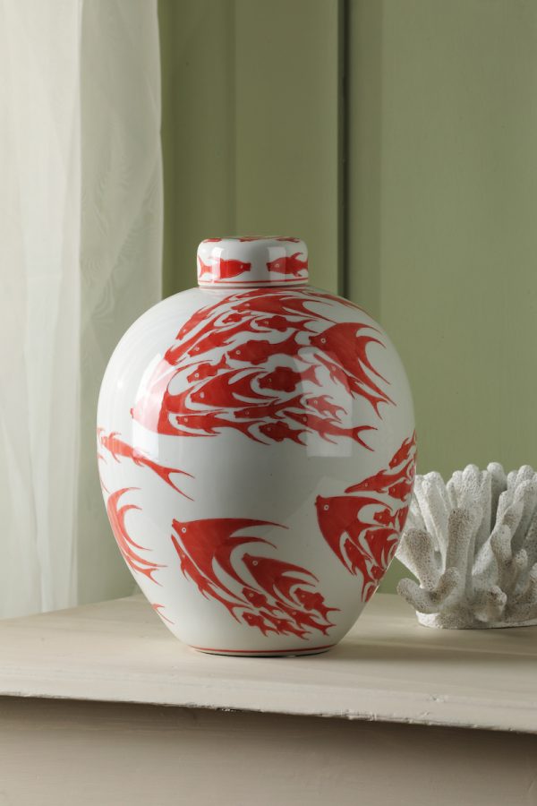 Simone Ceramic Coral & White Fish Pattern Jar With Lid - Image 4