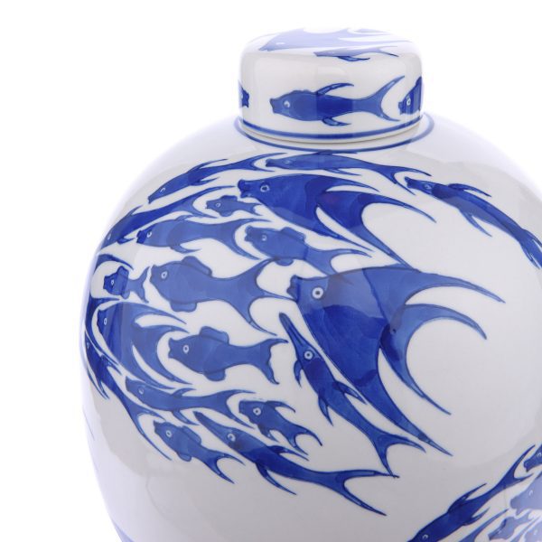 Simone Ceramic Blue & White Fish Pattern Jar With Lid - Image 3