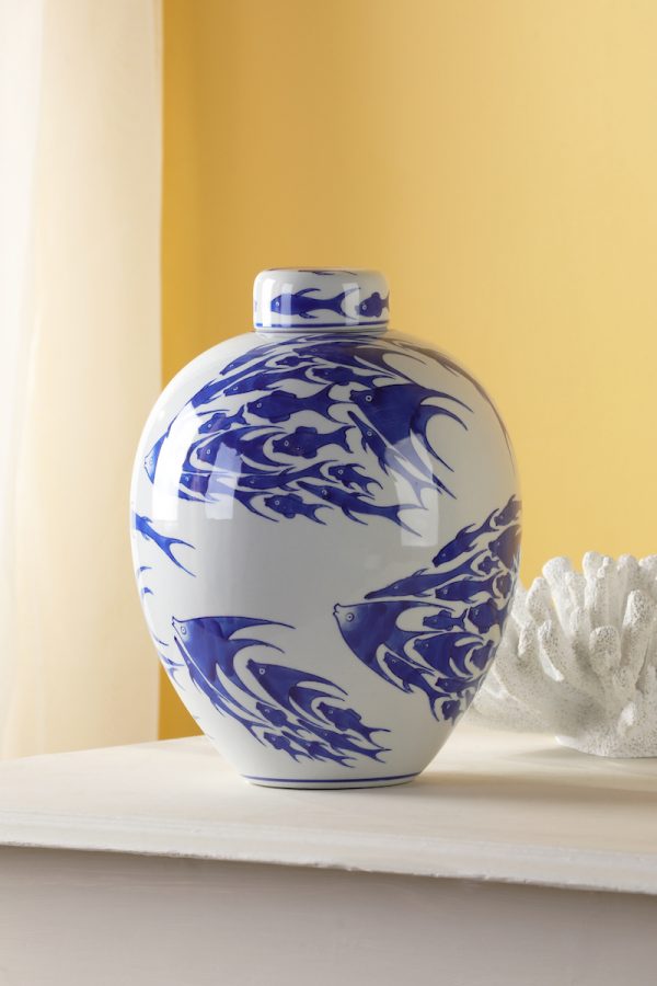 Simone Ceramic Blue & White Fish Pattern Jar With Lid - Image 4