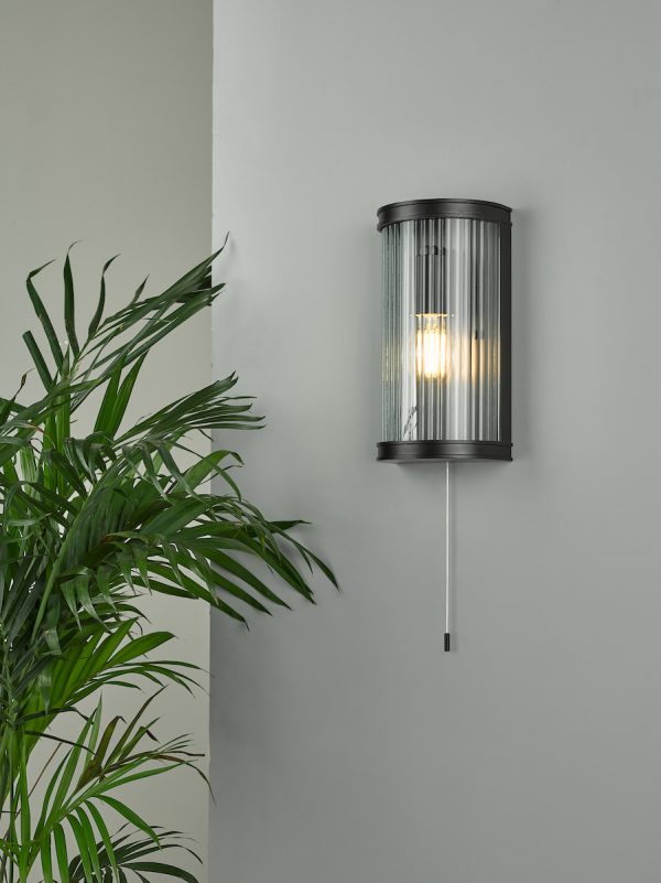 Anund Bathroom Wall Light Matt Black Ribbed Glass IP44 - Image 6
