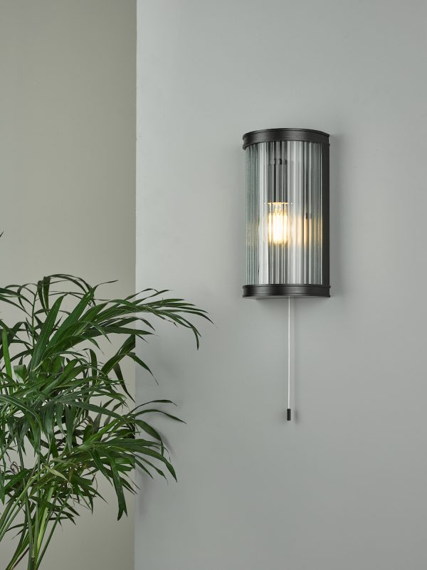 Anund Bathroom Wall Light Matt Black Ribbed Glass IP44 - Image 7