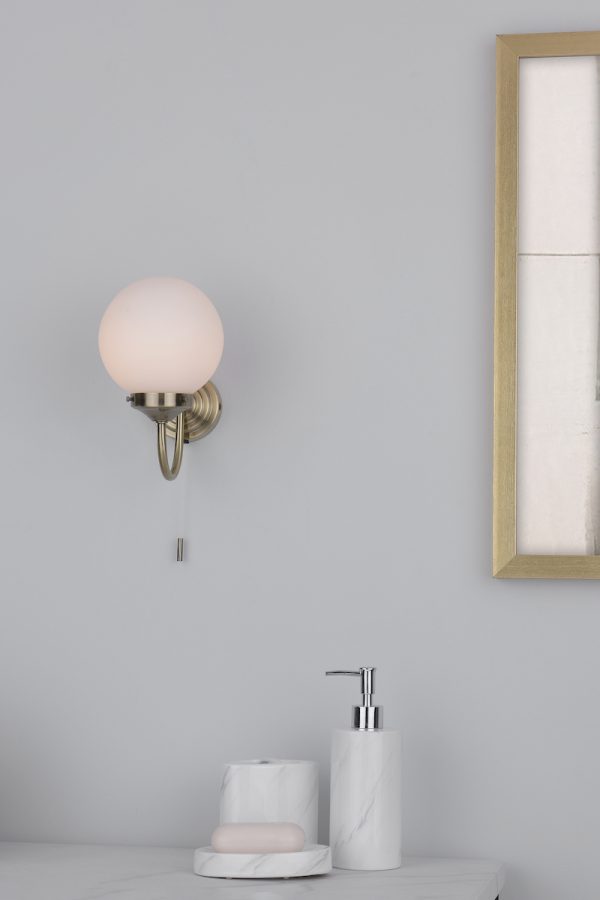 Barclay Bathroom Wall Light Antique Brass Opal Glass IP44 - Image 4