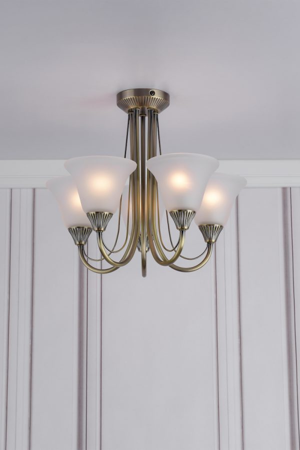Boston 5 Light Semi Flush Antique Brass Opal Glass - Image 4