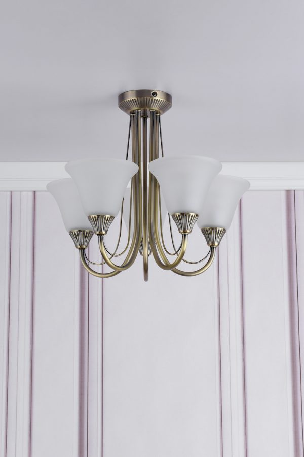 Boston 5 Light Semi Flush Antique Brass Opal Glass - Image 5