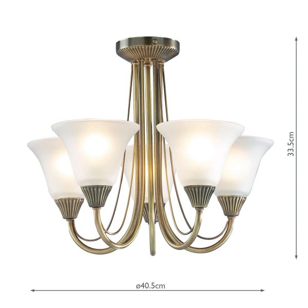 Boston 5 Light Semi Flush Antique Brass Opal Glass - Image 6