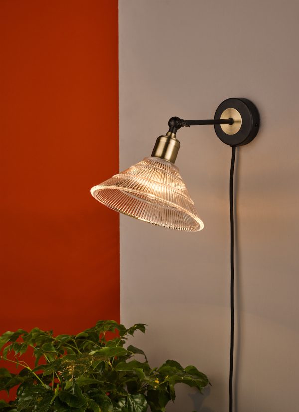 Boyd Wall Light Antique Brass & Matt Black With Glass Shade - Plug In - Image 4