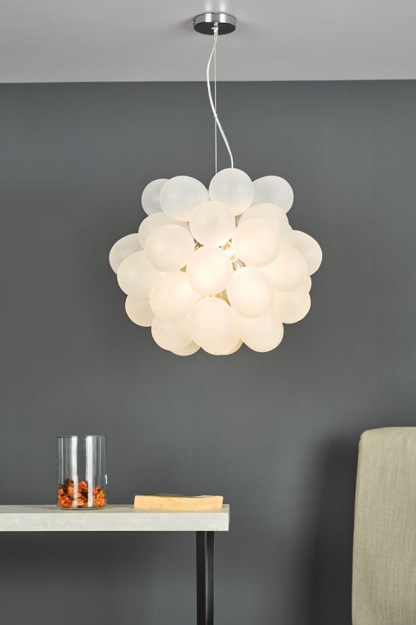 Bubbles 6 Light Pendant Polished Chrome Frosted Glass - Image 6