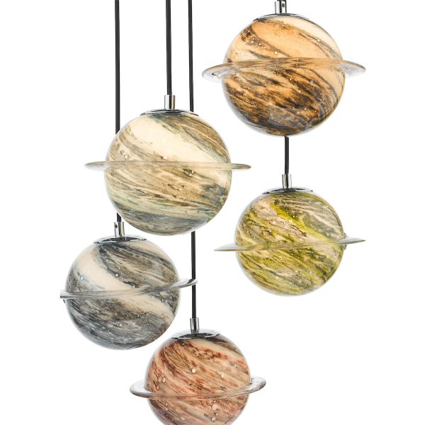 Cygnus 5 Light Cluster Pendant Polished Chrome and Planet Style Glass - Image 5