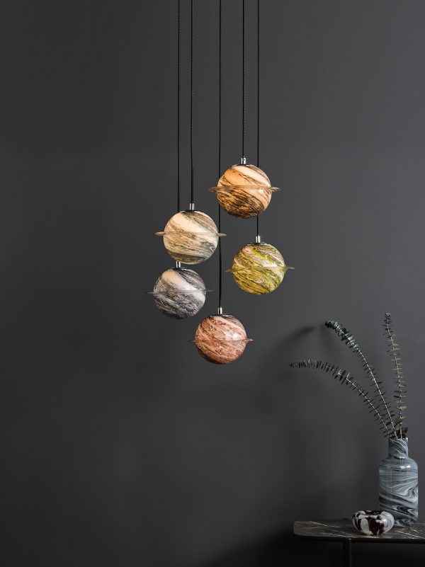 Cygnus 5 Light Cluster Pendant Polished Chrome and Planet Style Glass - Image 6