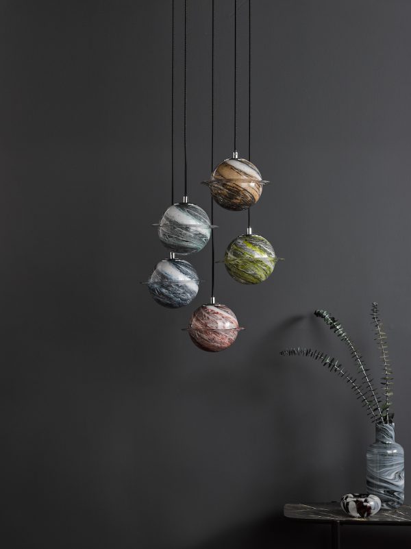 Cygnus 5 Light Cluster Pendant Polished Chrome and Planet Style Glass - Image 7