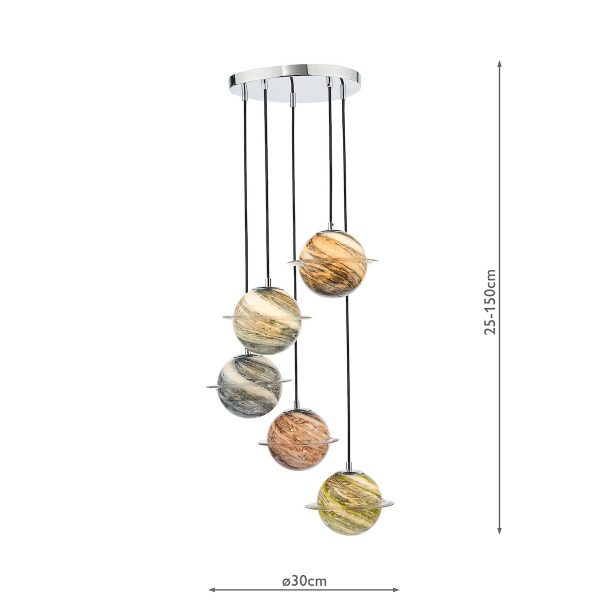 Cygnus 5 Light Cluster Pendant Polished Chrome and Planet Style Glass - Image 8