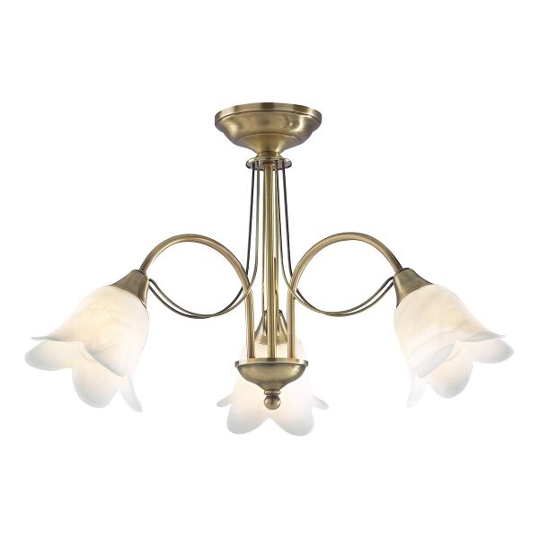 Doublet 3 Light Semi Flush Antique Brass complete with Alabaster Glass