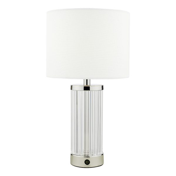 Enrico Rechargeable Table Lamp Polished Nickel and Glass With Shade LED