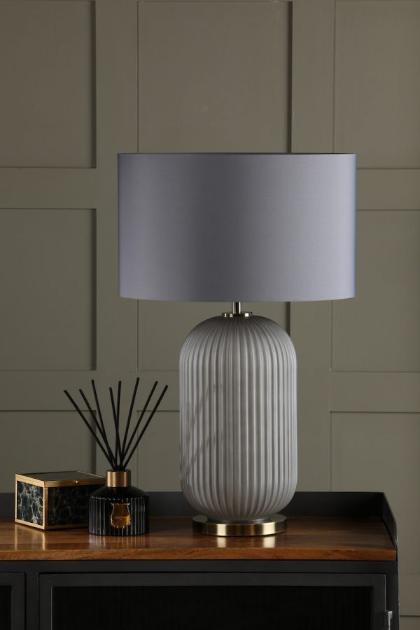 Helicon Table Lamp Grey Ribbed Glass and Antique Brass With Shade - Image 6