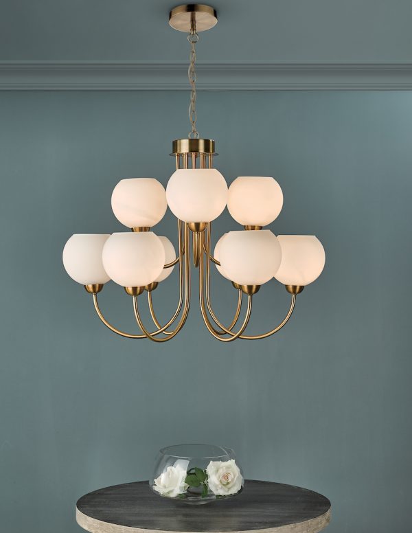 Indra Opal Glass Globe 9 Light Pendant Natural Brass - Image 5