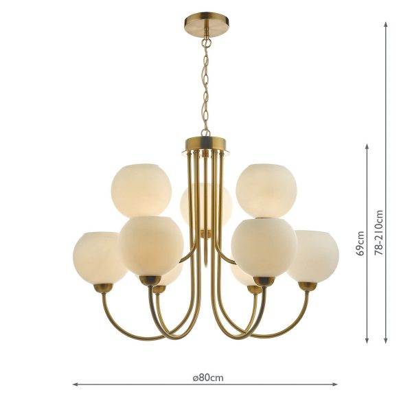 Indra Opal Glass Globe 9 Light Pendant Natural Brass - Image 7