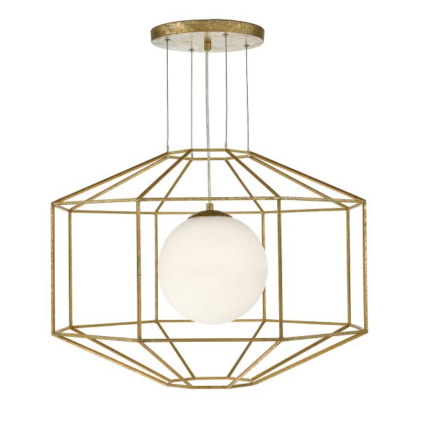 Izmir 1 Light Pendant Hexagonal Old Gold Frame Opal Glass
