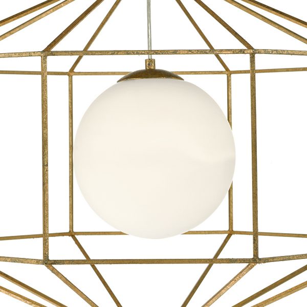 Izmir 1 Light Pendant Hexagonal Old Gold Frame Opal Glass - Image 3