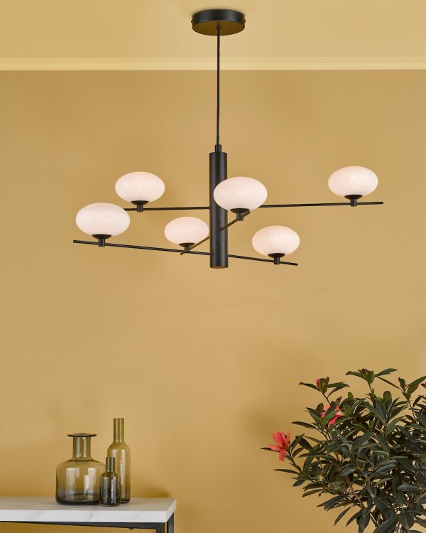 Jasper 6 Light Pendant Matt Black Opal Glass - Image 7