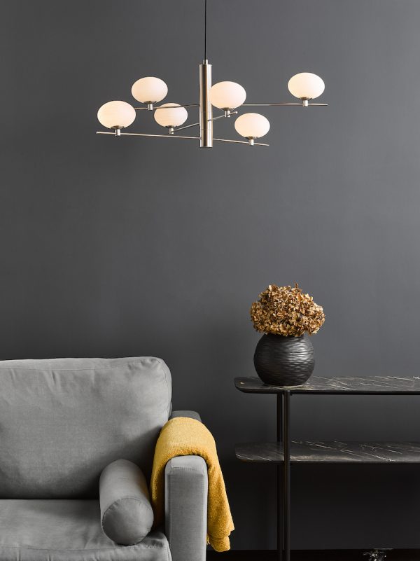 Jasper 6 Light Pendant Satin Nickel and Opal Glass - Image 8