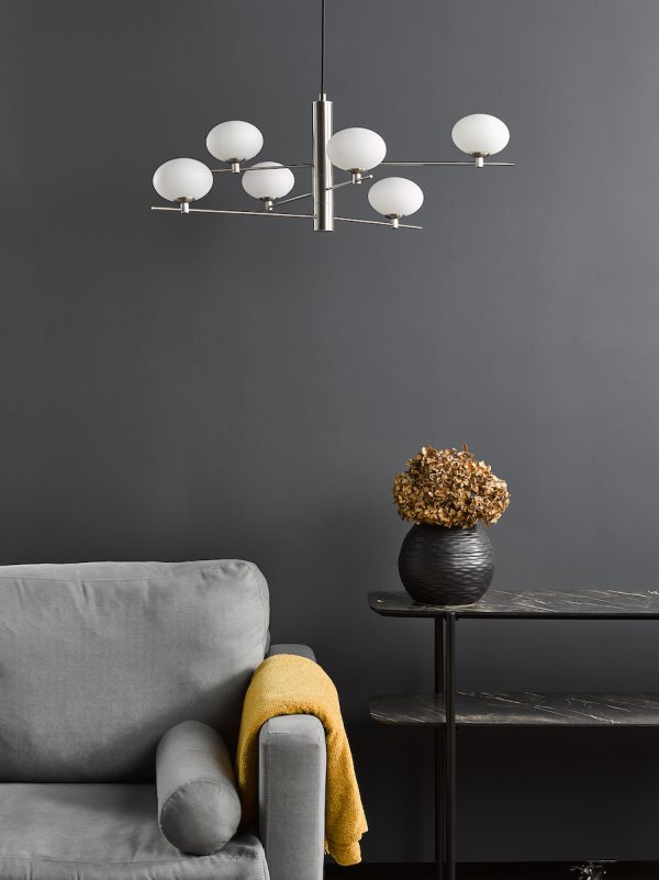 Jasper 6 Light Pendant Satin Nickel and Opal Glass - Image 9