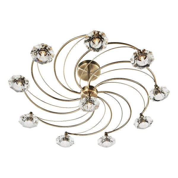 Luther 10 Light Semi Flush Antique Brass Crystal