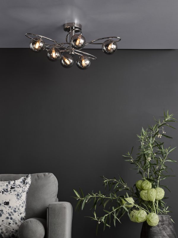 Lysandra 6 Light Semi-Flush Polished Chrome and Smoked Glass - Image 6