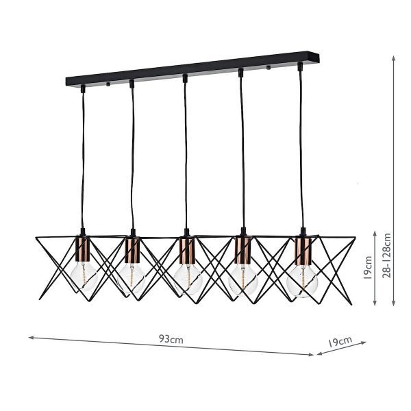 Midi Cage 5 Light Bar Pendant Matt Black Bright & Copper - Image 7