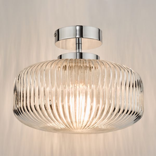 Riva Bathroom Semi Flush Ceiling Light Ribbed Glass Polished Chrome IP44 - Image 3