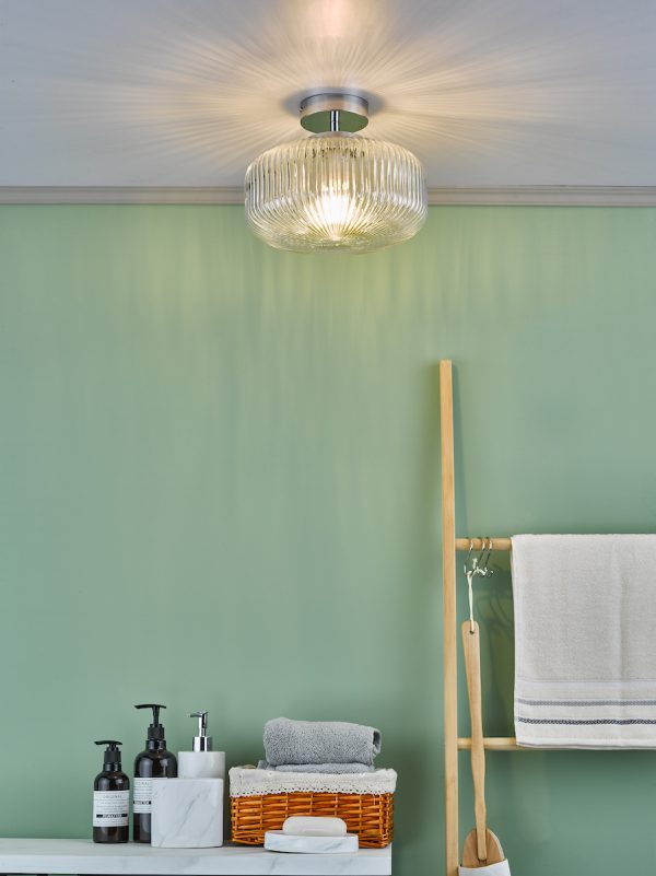 Riva Bathroom Semi Flush Ceiling Light Ribbed Glass Polished Chrome IP44 - Image 4