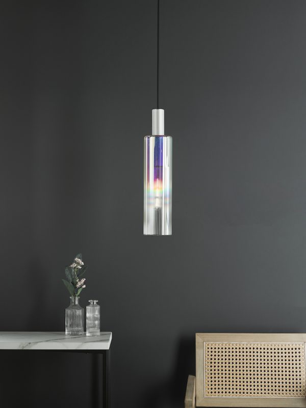Ruben Pendant Satin Silver and Ribbed Iridised Glass - Image 6