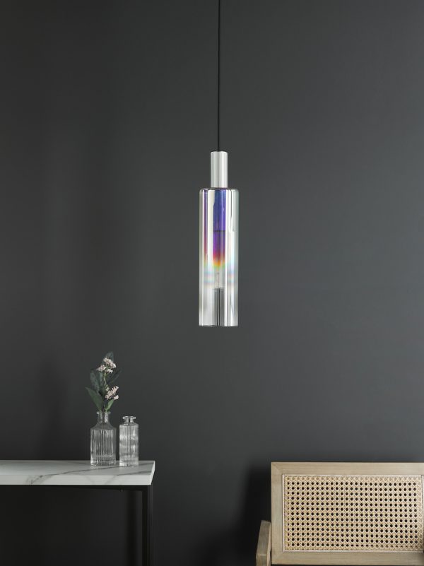 Ruben Pendant Satin Silver and Ribbed Iridised Glass - Image 7