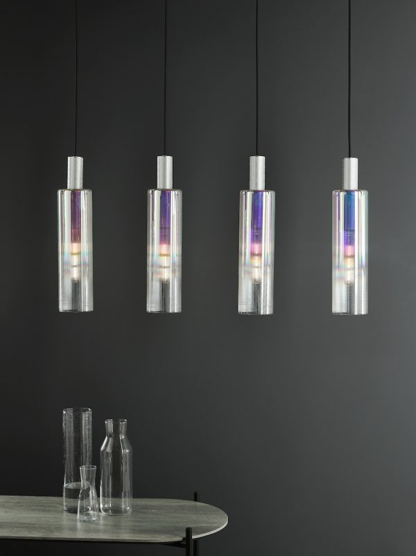 Ruben 4 Light Bar Pendant Satin Silver and Ribbed Iridised Glass - Image 6