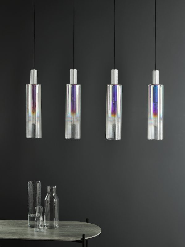 Ruben 4 Light Bar Pendant Satin Silver and Ribbed Iridised Glass - Image 7