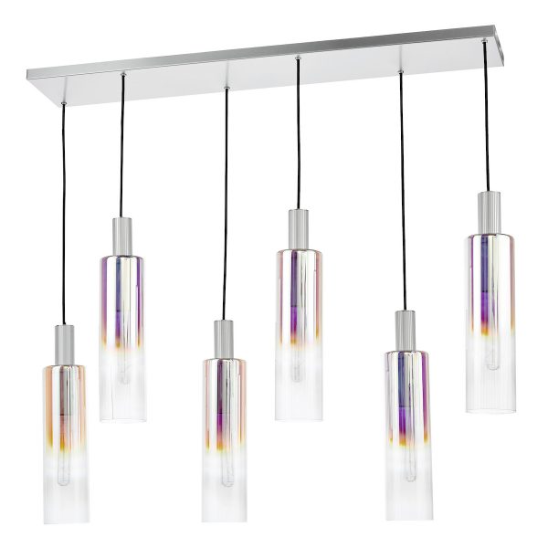 Ruben 6 Light Bar Pendant Satin Silver and Ribbed Iridised Glass - Image 2