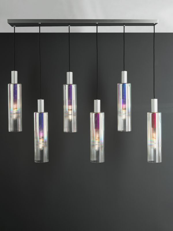 Ruben 6 Light Bar Pendant Satin Silver and Ribbed Iridised Glass - Image 6