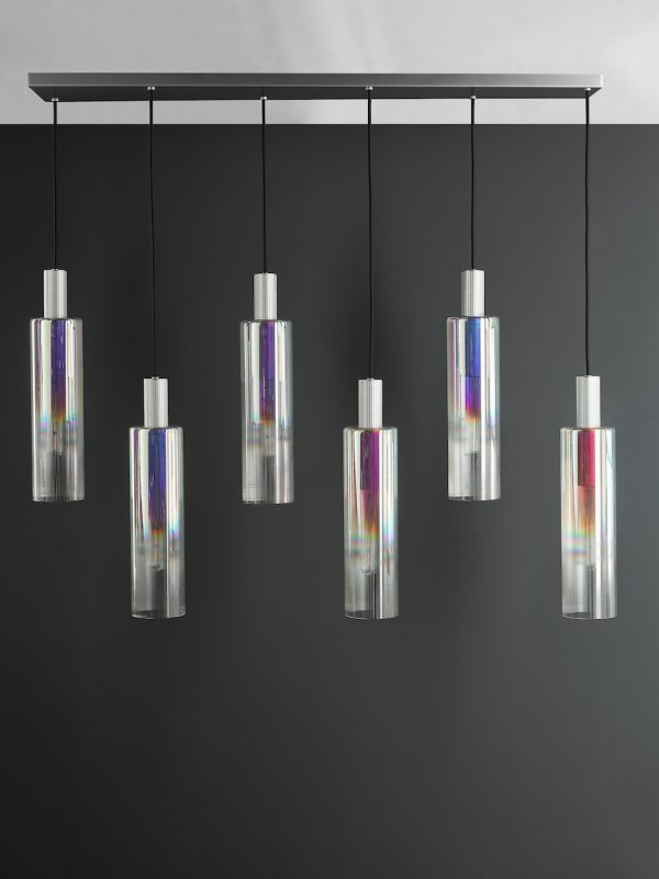 Ruben 6 Light Bar Pendant Satin Silver and Ribbed Iridised Glass - Image 7