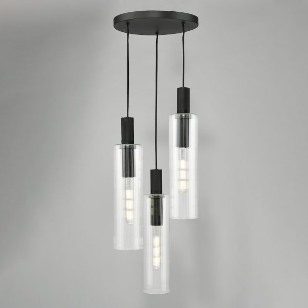 Ruben 3 Light Cluster Pendant Satin Black and Ribbed Glass - Image 5