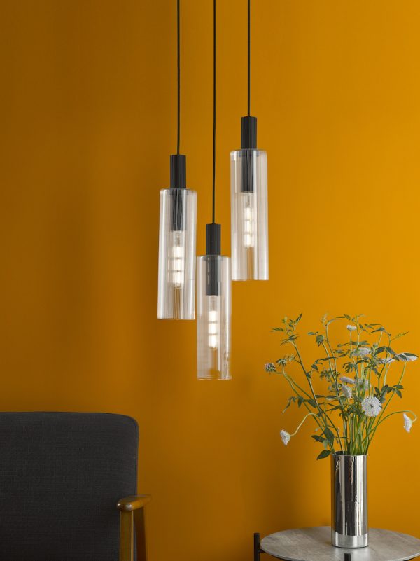 Ruben 3 Light Cluster Pendant Satin Black and Ribbed Glass - Image 6