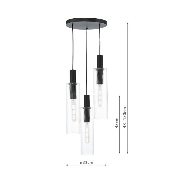 Ruben 3 Light Cluster Pendant Satin Black and Ribbed Glass - Image 10