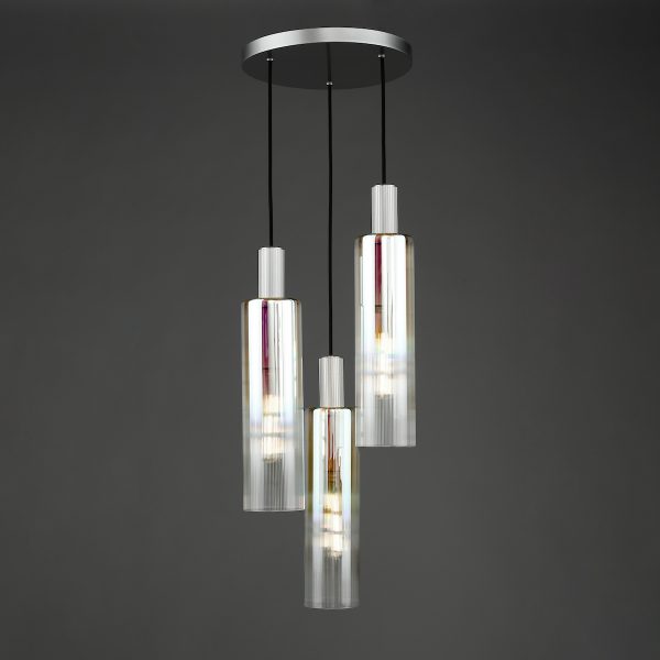 Ruben 3 Light Cluster Pendant Satin Silver and Ribbed Iridised Glass - Image 5