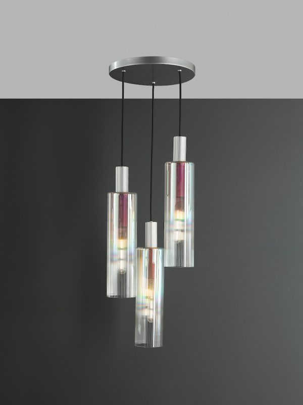 Ruben 3 Light Cluster Pendant Satin Silver and Ribbed Iridised Glass - Image 6
