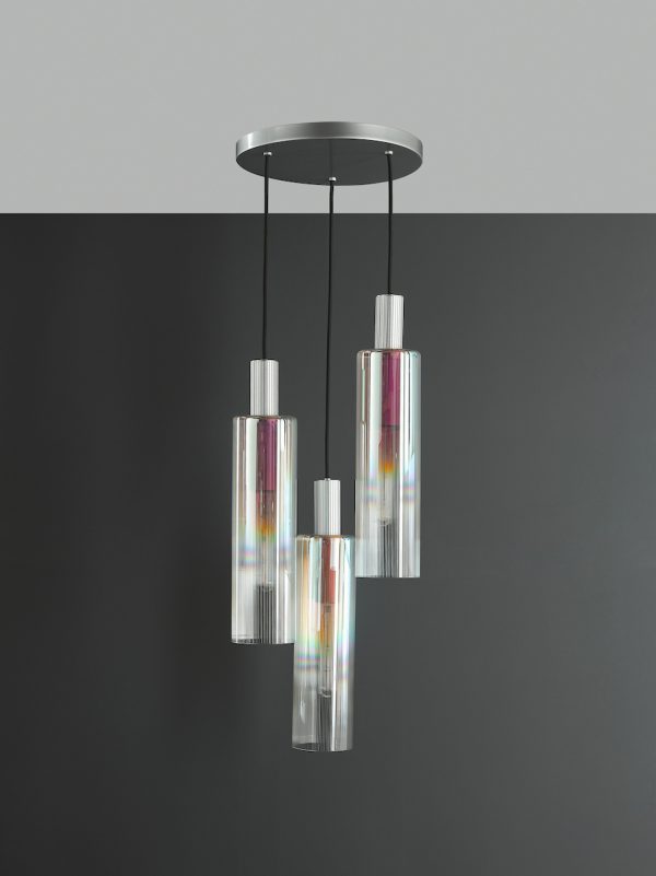 Ruben 3 Light Cluster Pendant Satin Silver and Ribbed Iridised Glass - Image 7