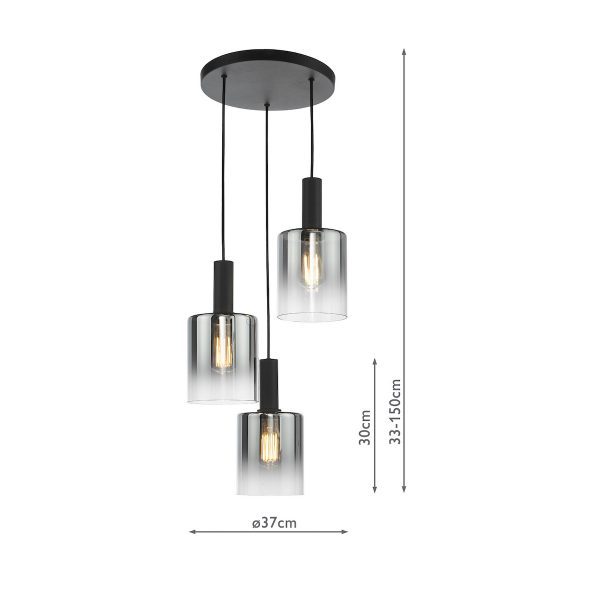 Savannah 3 Light Cluster Pendant Matt Black and Smoked Glass - Image 9