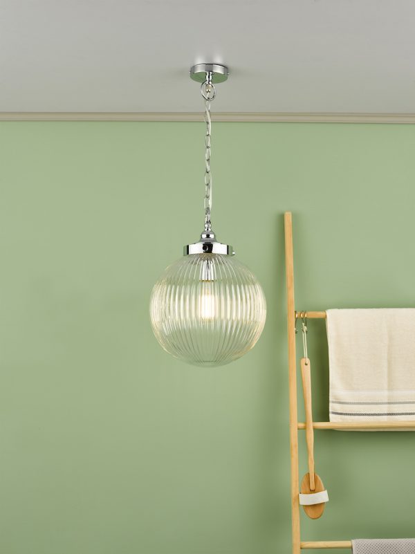 Tamara Bathroom Pendant Polished Chrome Ribbed Glass IP44 - Image 4
