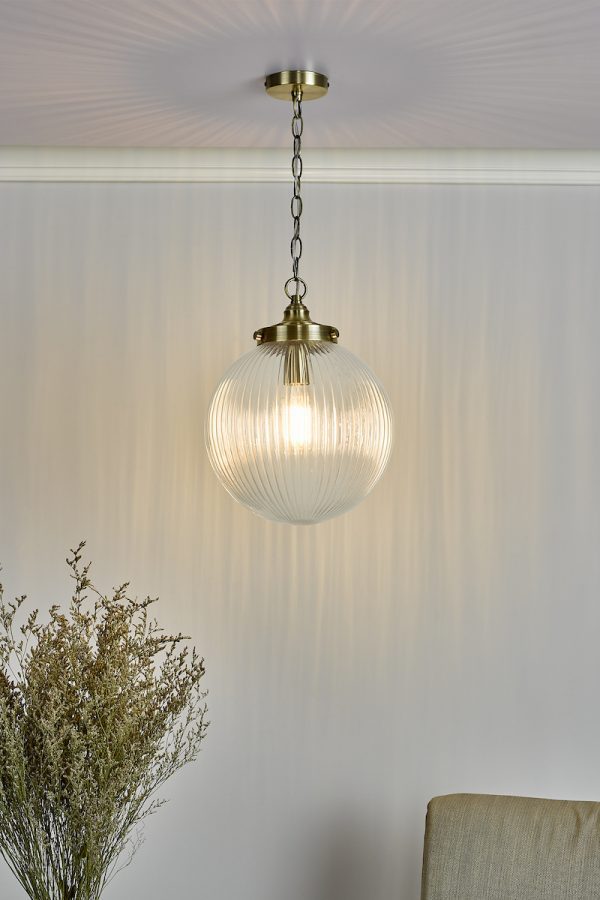 Tamara 1 Light Single Pendant Antique Brass Ribbed Glass - Image 6