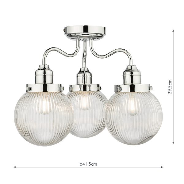 Tamara 3 Light Bathroom Semi Flush Polished Chrome Ribbed Glass IP44 - Image 8