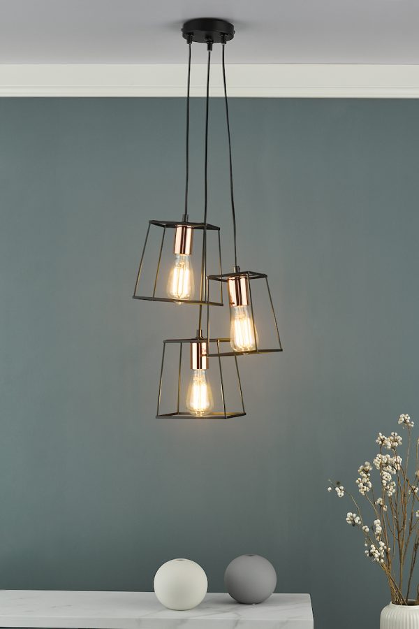 Tower 3 Light Cluster Pendant Black & Copper - Image 6