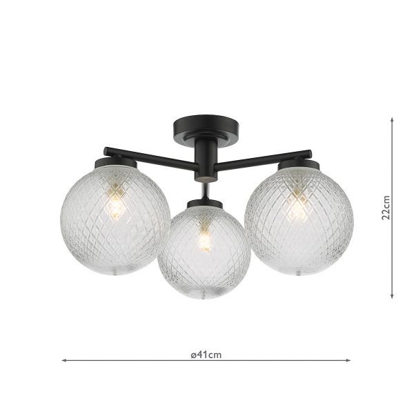 Wayne Bathroom 3 Light Semi Flush Matt Black Glass IP44 - Image 5